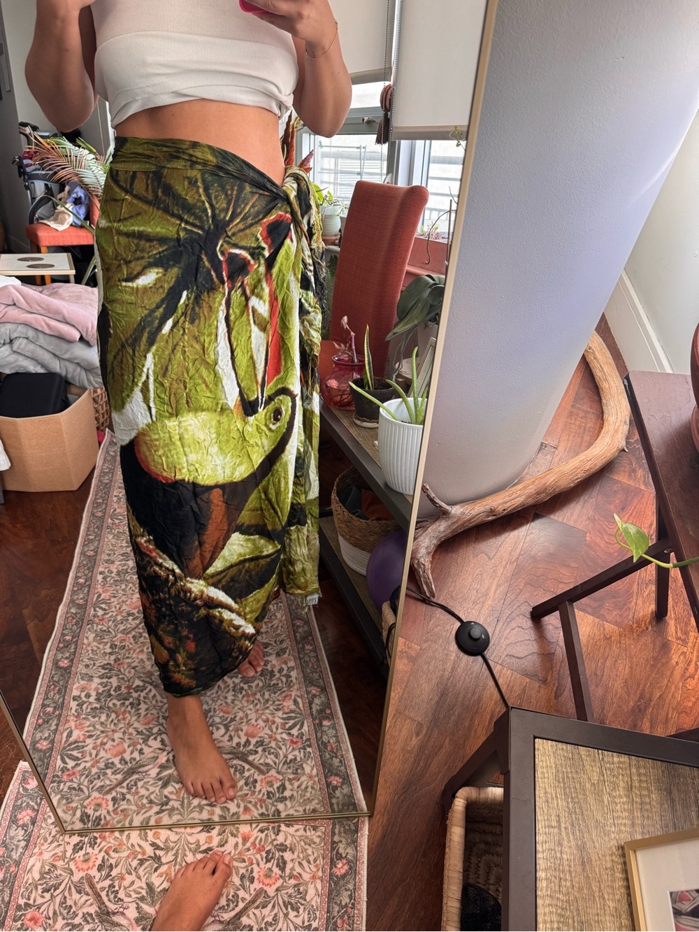 Green Multicolor Satin Wrap Sarong Midi Skirt Toucan Animal Print Tie High Rise